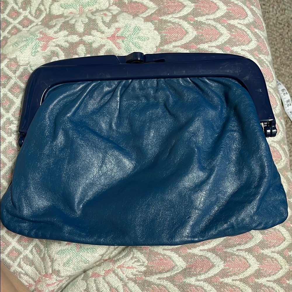 Vintage Italian made blue Leather Clutch with metal Frame and clip top close